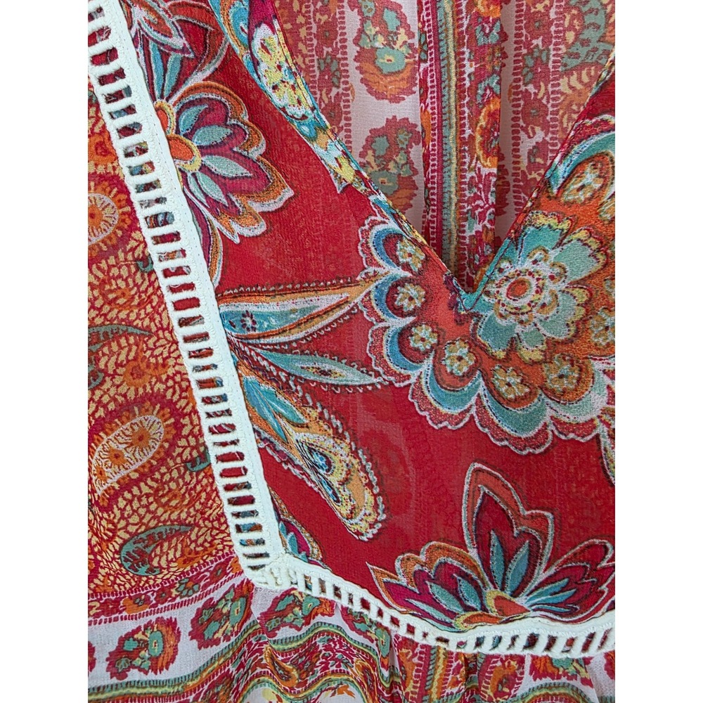 Figueroa & Flower Womens Paisley Floral V-Neck Roll Tab Sleeve‎ Blouse Orange S - Picture 4 of 7